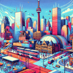 En pulserende og engasjerende illustrasjon som fanger essensen av Toronto, inkludert kjente landemerker som CN Tower og livlige urbane scener.