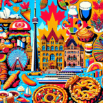 En livlig og fargerik collage som fremhever Toronto's landemerker, mat og kultur
