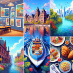 En levende collage som viser de fem beste opplevelsene i Toronto: et kunstgalleri, Toronto Islands sett fra båt, mat fra verdenskjøkkenet, Distillery District, og High Park.