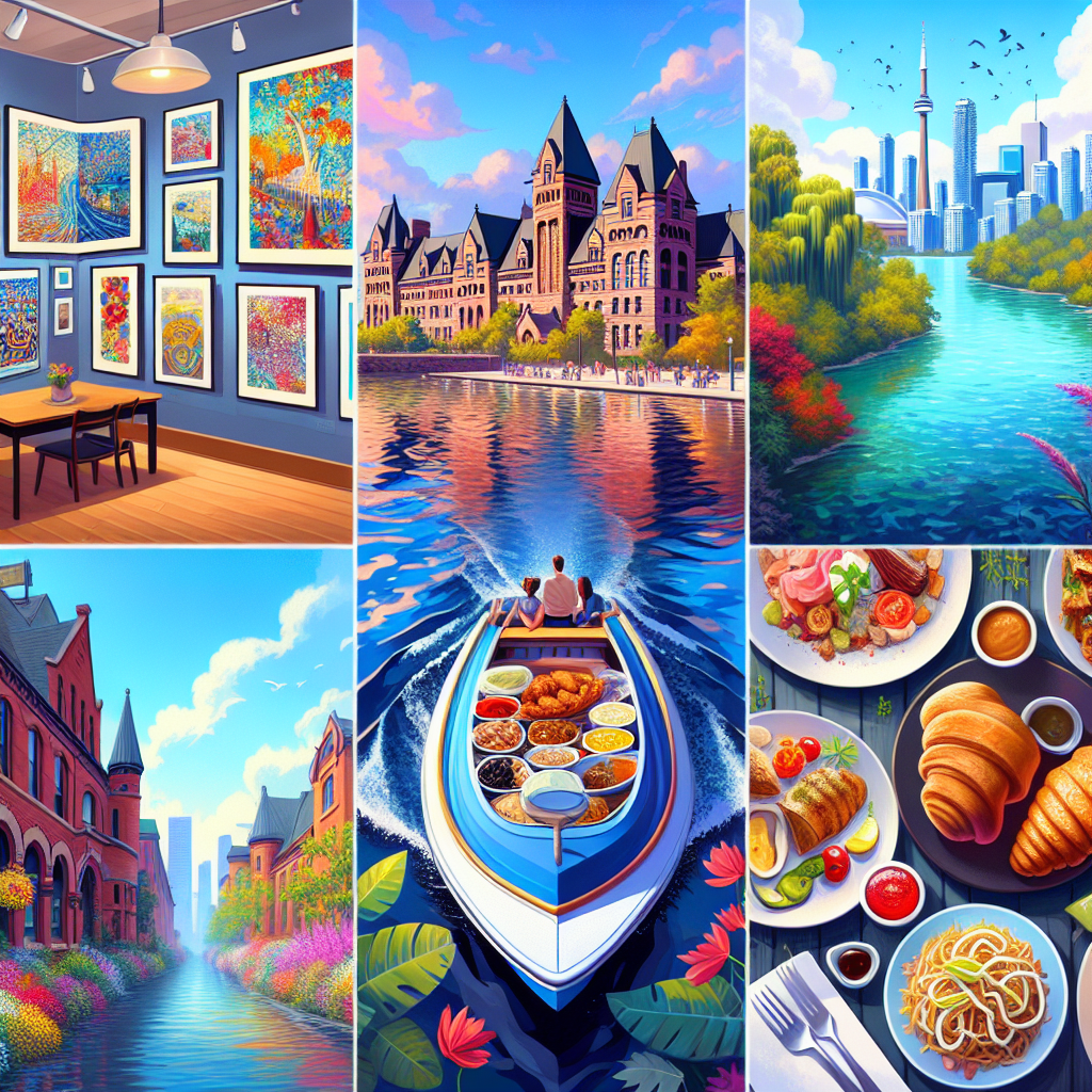 En levende collage som viser de fem beste opplevelsene i Toronto: et kunstgalleri, Toronto Islands sett fra båt, mat fra verdenskjøkkenet, Distillery District, og High Park.