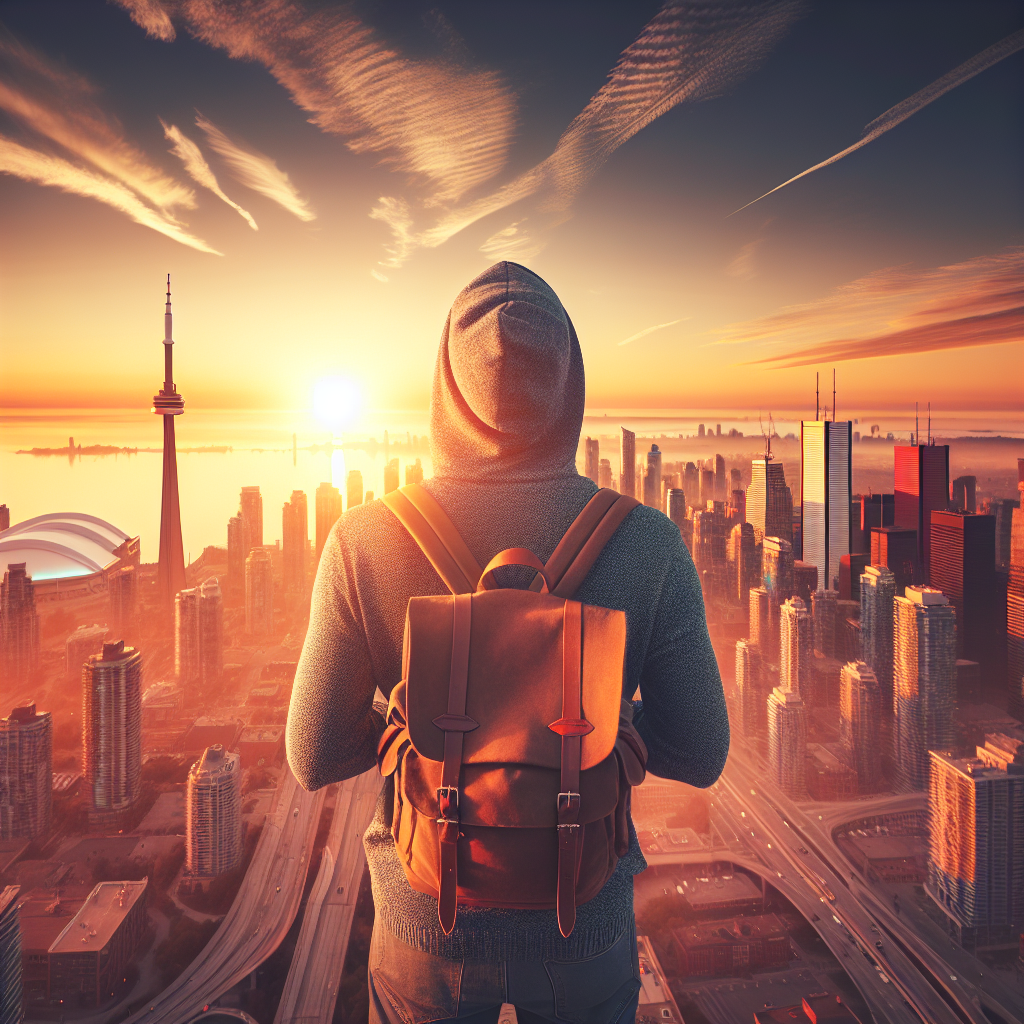 Oversiktsbilde av Toronto skyline ved soloppgang, moderne reisende med ryggsekk i forgrunnen som ser mot byen, varm fargepalett, inspirerende reisevibb