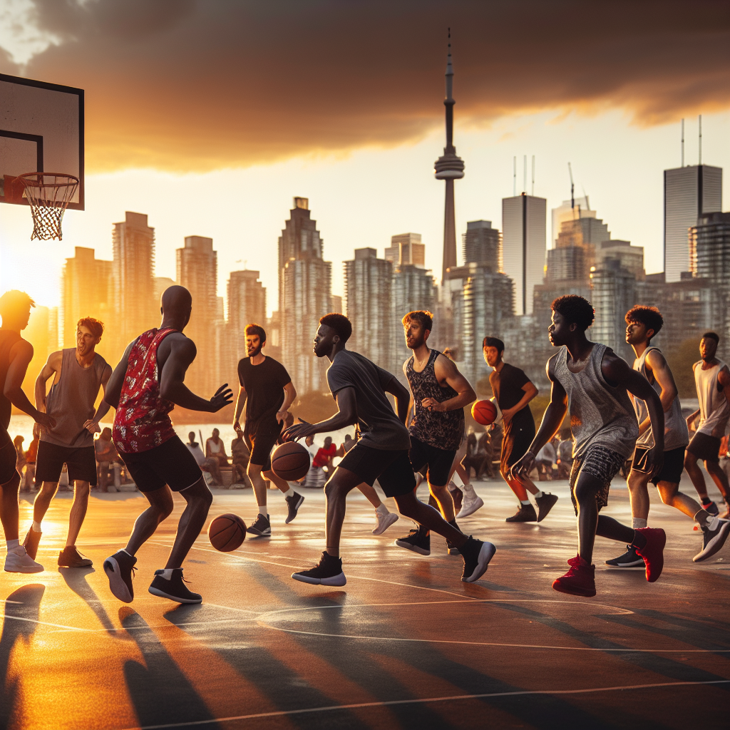 Folk som spiller basketball på en utendørsbane i Toronto ved solnedgang, bysilhuett i bakgrunnen, energisk og urban stemning