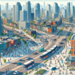 Oversiktsbilde av Toronto bylandskap ved dagtid, med kollektivtrafikk, syklister og folk i forskjellige nabolag, moderne, lys og vennlig stemning