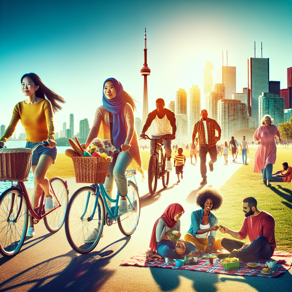 Fargerikt foto av familier og venner som sykler og har piknik ved Toronto Waterfront, med skyline i bakgrunnen, sollys og grøntområder