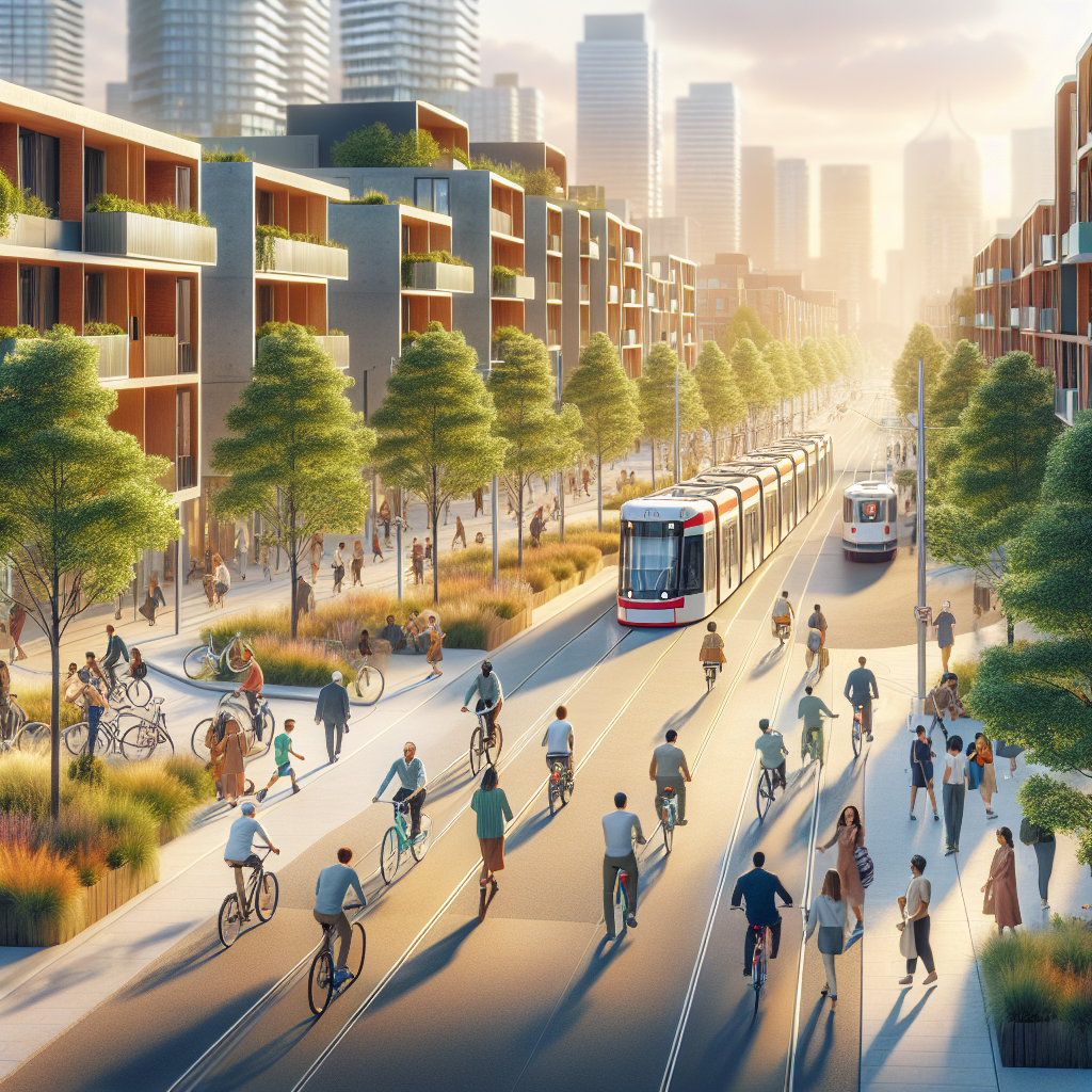 Oversiktsbilde av et moderne Toronto-nabolag: syklister, trikk i bakgrunnen, grønne trær, mennesker i forskjellige aldre som smiler, lun bystemning i myk dagslys