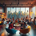 Moderne hostell i Toronto, fargerik fellesstue med unge reisende, storby‑skyline sett gjennom vindu, varm belysning og innbydende atmosfære