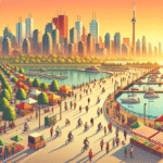 Oversiktsbilde av Toronto skyline ved soloppgang med syklister på en bysti, mennesker som handler på et marked og ikoniske byelementer som båtplass og grønne parker, varm fargetone