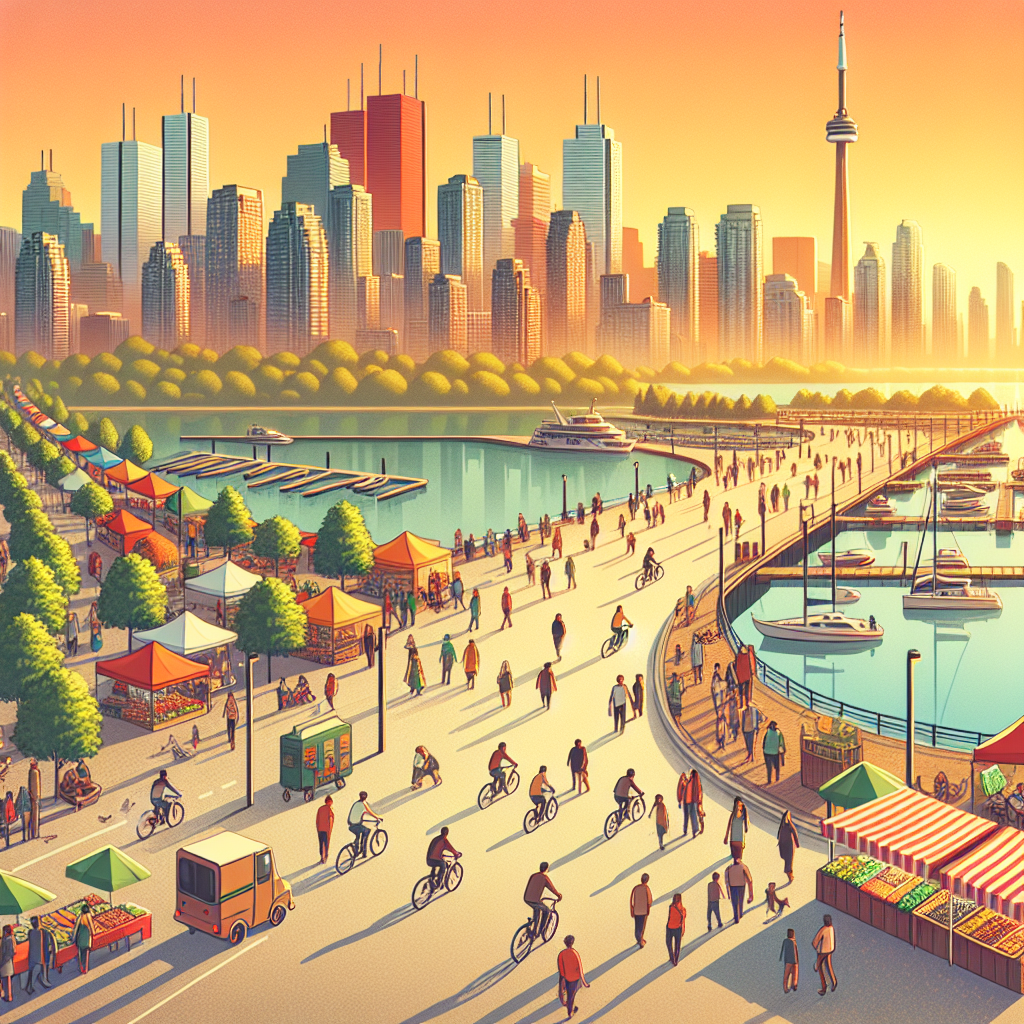 Oversiktsbilde av Toronto skyline ved soloppgang med syklister på en bysti, mennesker som handler på et marked og ikoniske byelementer som båtplass og grønne parker, varm fargetone