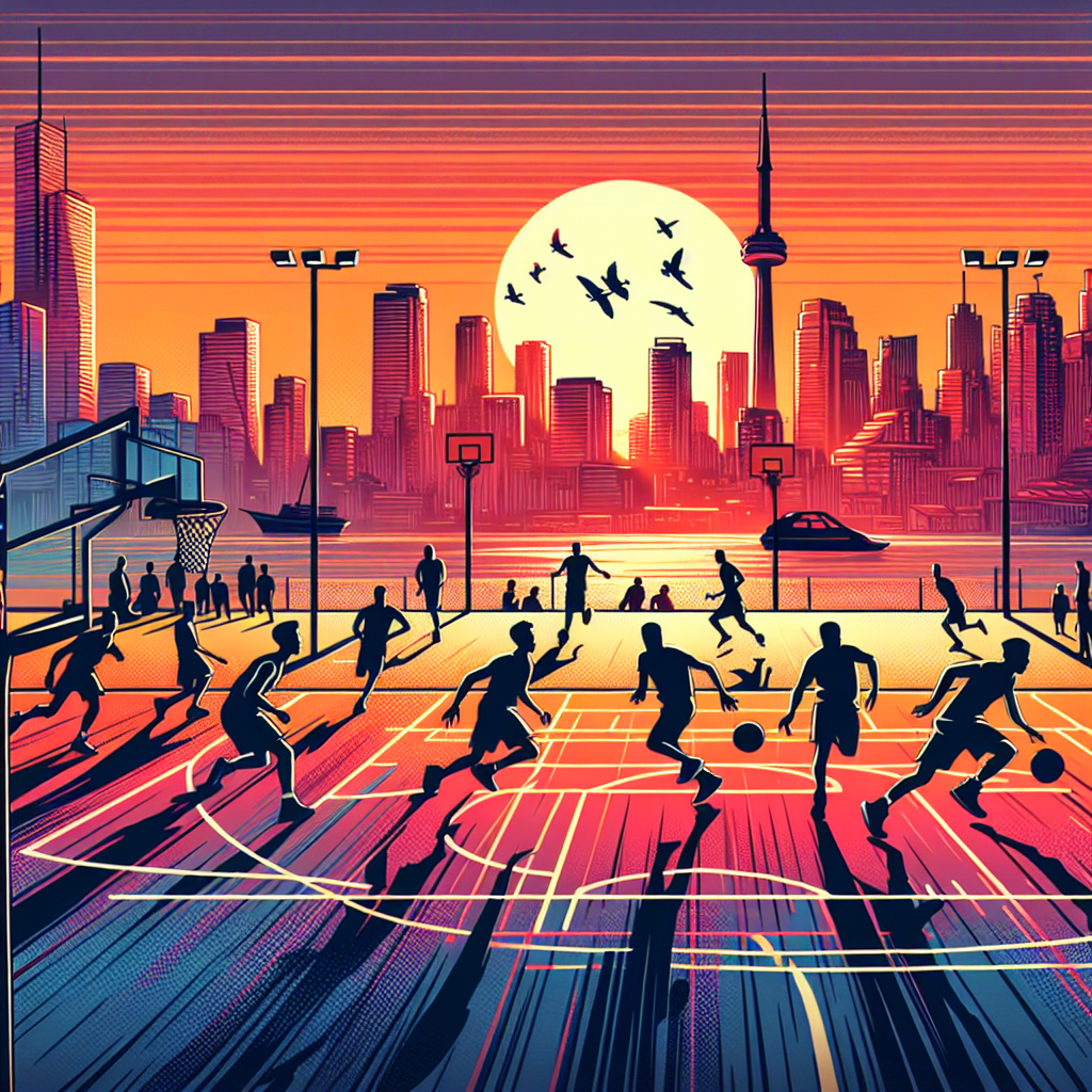 Illustrasjon av en livlig basketballbane i Toronto ved solnedgang, spillere i bevegelse, bysilhuett i bakgrunnen, moderne og energisk stil