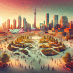 Oversiktsbilde av Toronto bysentrum ved myk skumring, med moderne skyline, grøntområder og folk som går, varm fargetone, inviterende reisestemning
