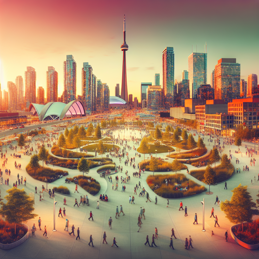 Oversiktsbilde av Toronto bysentrum ved myk skumring, med moderne skyline, grøntområder og folk som går, varm fargetone, inviterende reisestemning