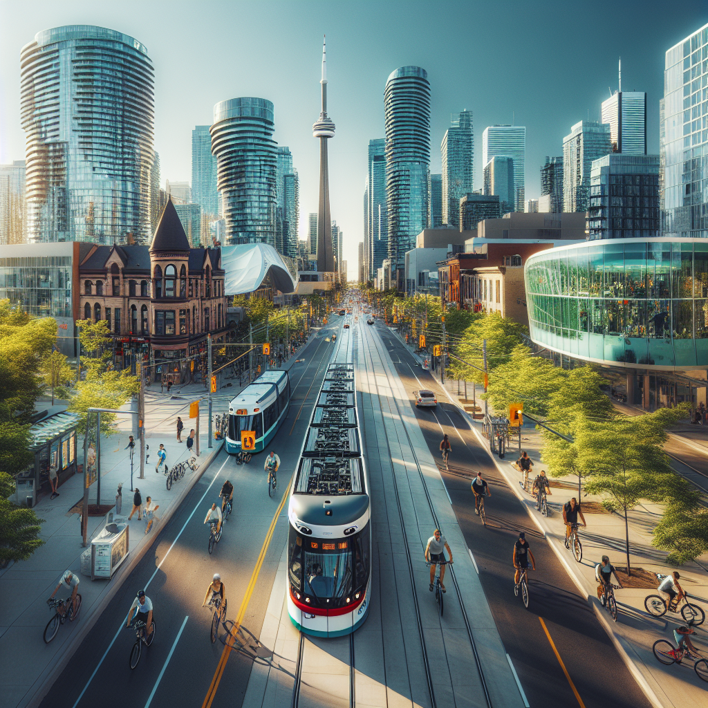 Luftfoto av Toronto sentrum med sporvogn, syklister, elektrisk buss og grønt byrom ved klar himmel