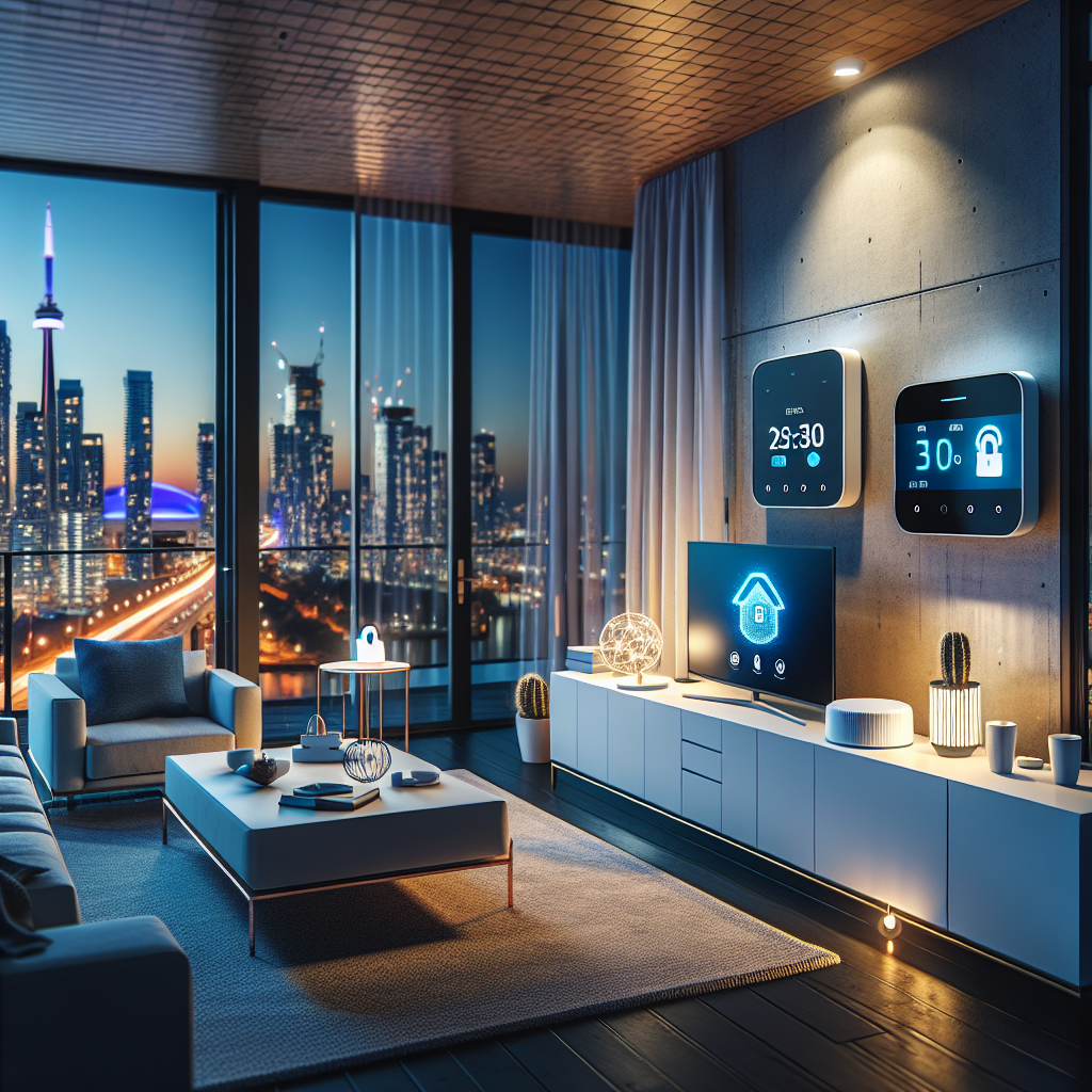 Moderne Toronto-leilighet om kvelden med smarthjem-enheter: router, smartlås, termostat og energisparende LED-lys, urban skyline i bakgrunnen